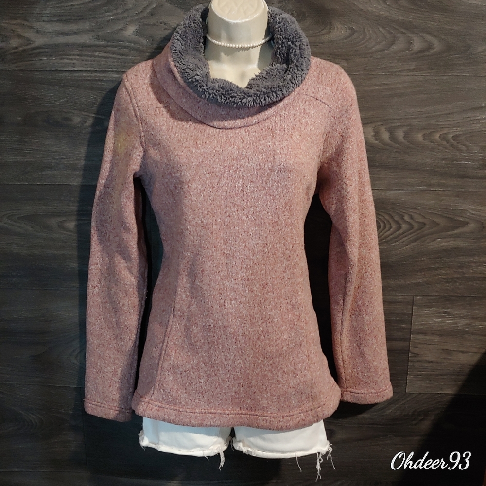 🎉🛍 Columbia brick red/ gray pull over faux fur lined neck sweater size M